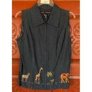 Retro Anne Carson Denim Vest Safari Embroidered‎ Zebra Giraffe Elephant Small